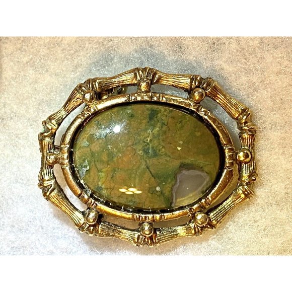 Vintage Rainforest Jasper Brooch/Pendant, 2” Gold Tone Bezel - Picture 2 of 4